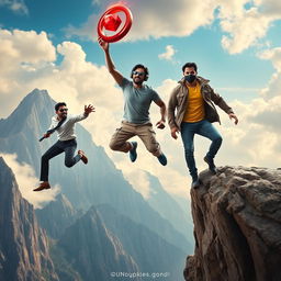 A cinematic film poster featuring three distinct 27-year-old Indian men leaping off a massive, dramatic mountain