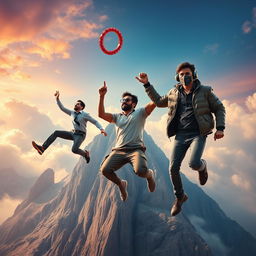 A cinematic film poster featuring three distinct 27-year-old Indian men leaping off a massive, dramatic mountain