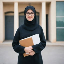 A high school girl wearing a hijab, abaya and glasses, confidently holding textbooks, standing in front of her school building.