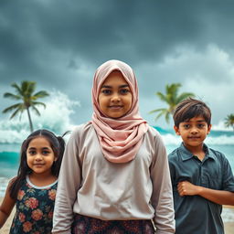 A beautiful girl wearing a hijab stands bravely against a fierce storm, her expression confident and determined