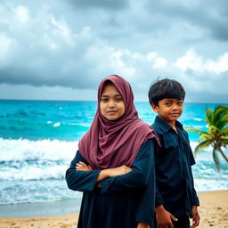 A beautiful girl wearing a hijab stands bravely against a fierce storm, her expression confident and determined