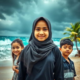 A beautiful girl wearing a hijab stands bravely against a fierce storm, her expression confident and determined