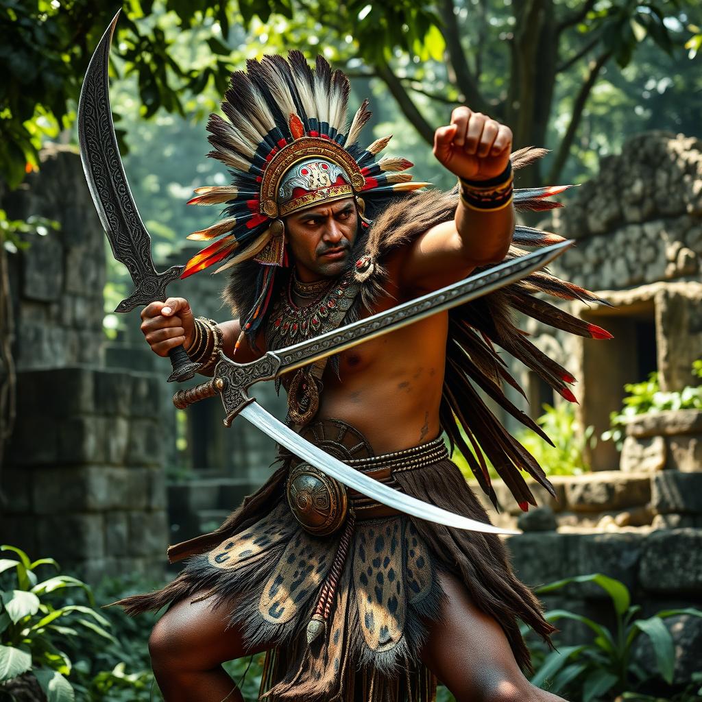 A middle-aged Aztec warrior dressed in a striking jaguar pelt, showcasing his strength and valor