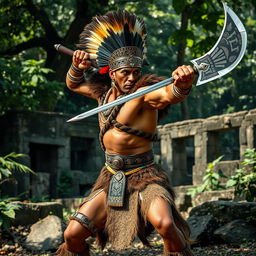 A middle-aged Aztec warrior dressed in a striking jaguar pelt, showcasing his strength and valor