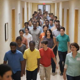 Craft an image of a hallway bustling with activity. People from diverse backgrounds are seen mingling, with their shirts of various colors brightening the scene.