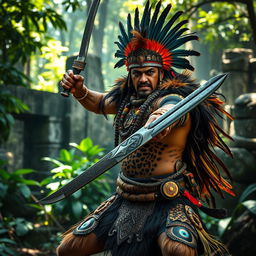 A middle-aged Aztec warrior dressed in a striking jaguar pelt, showcasing his strength and valor