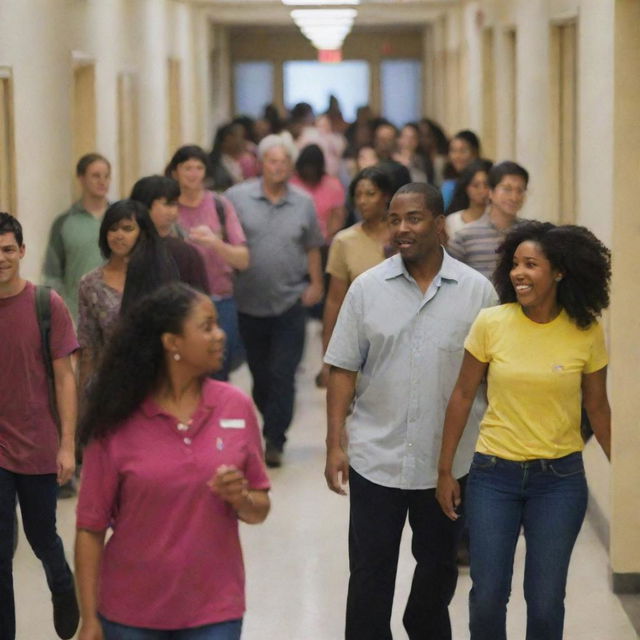 Craft an image of a hallway bustling with activity. People from diverse backgrounds are seen mingling, with their shirts of various colors brightening the scene.