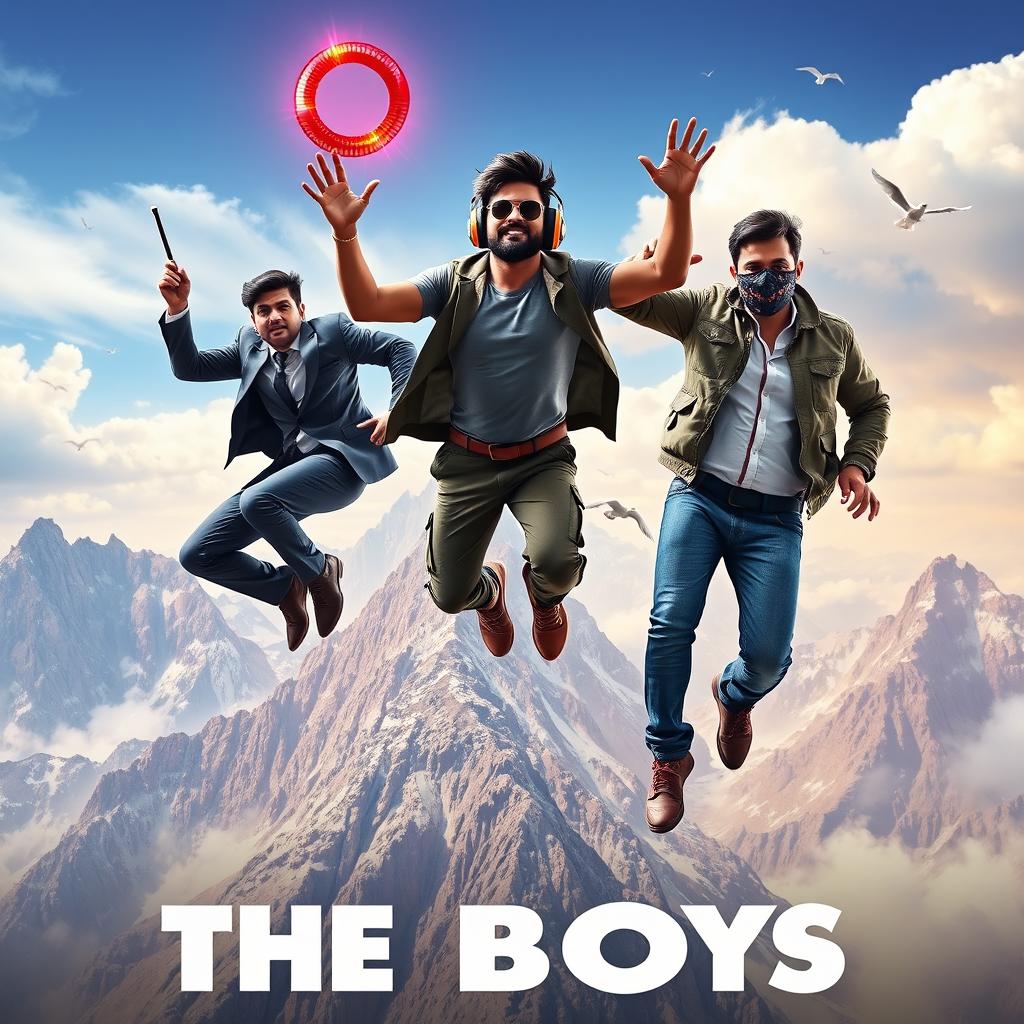 A colorful and dynamic film poster titled 'THE BOYS', featuring three distinct 27-year-old Indian men leaping off a massive, majestic mountain