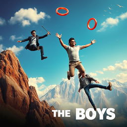 A colorful and dynamic film poster titled 'THE BOYS', featuring three distinct 27-year-old Indian men leaping off a massive, majestic mountain