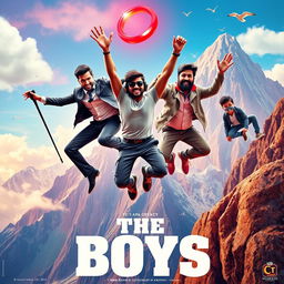 A colorful and dynamic film poster titled 'THE BOYS', featuring three distinct 27-year-old Indian men leaping off a massive, majestic mountain