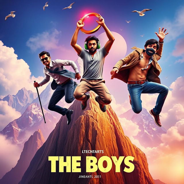 A colorful and dynamic film poster titled 'THE BOYS', featuring three distinct 27-year-old Indian men leaping off a massive, majestic mountain