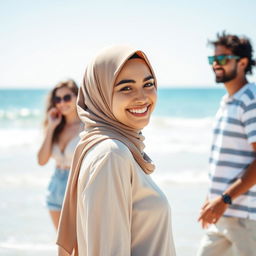 A beautiful woman wearing a hijab with a sweet smile, standing at a beach, with her back to the viewer