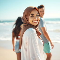 A beautiful woman wearing a hijab with a sweet smile, standing at a beach, with her back to the viewer