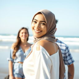 A beautiful woman wearing a hijab with a sweet smile, standing at a beach, with her back to the viewer