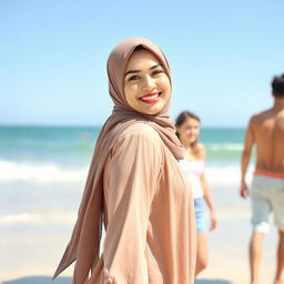 A beautiful woman wearing a hijab with a sweet smile, standing at a beach, with her back to the viewer