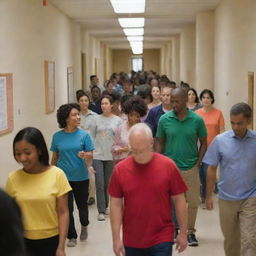 Craft an image of a hallway bustling with activity. People from diverse backgrounds are seen mingling, with their shirts of various colors brightening the scene.