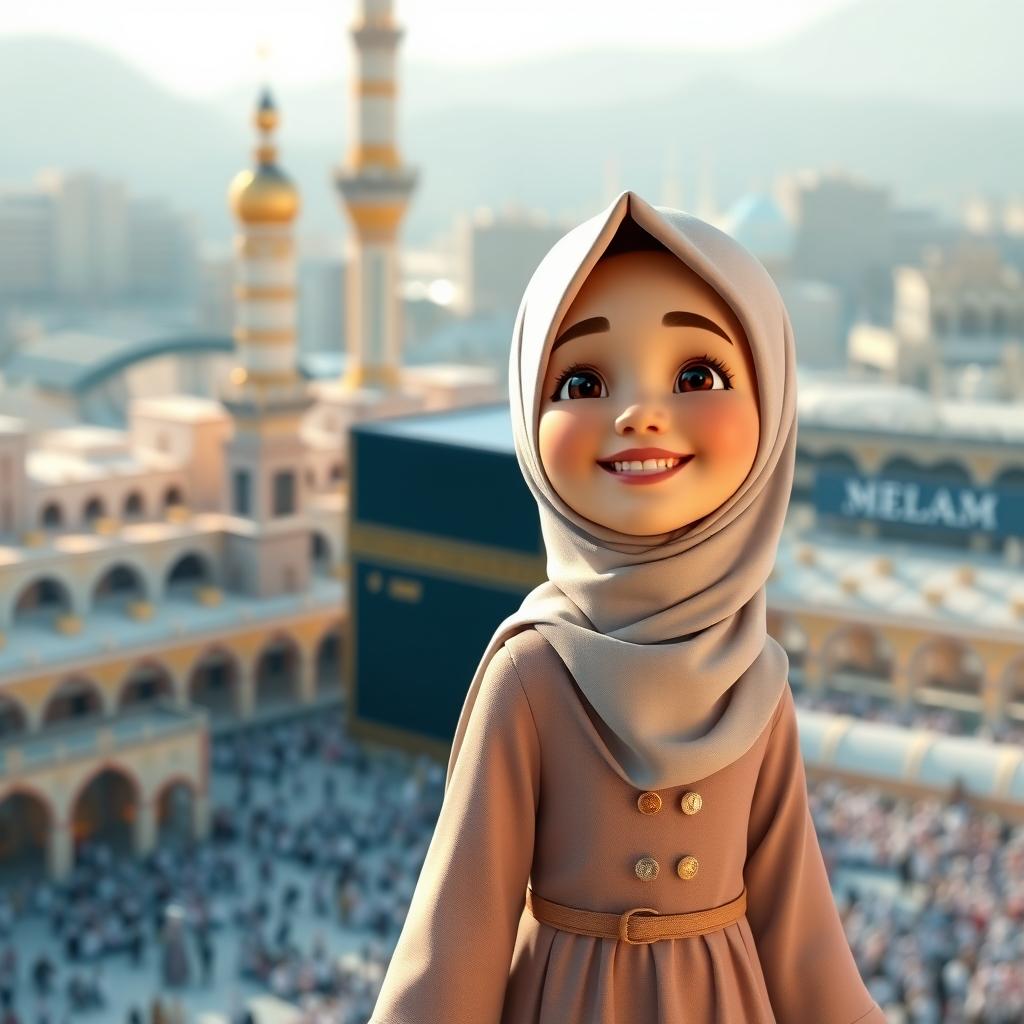 A 3D character of a young girl wearing a hijab and a modest Muslima dress