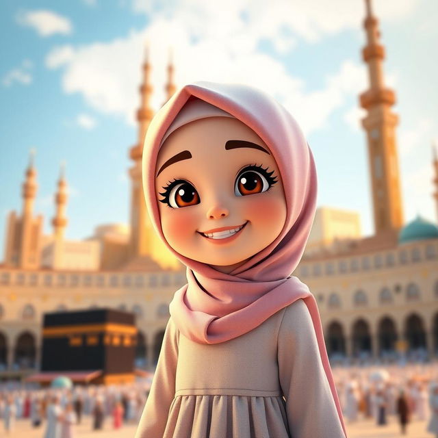 A 3D character of a young girl wearing a hijab and a modest Muslima dress