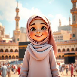 A 3D character of a young girl wearing a hijab and a modest Muslima dress