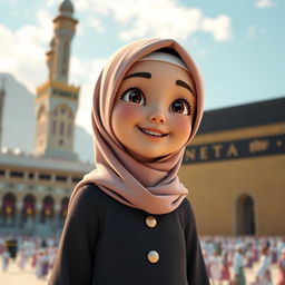 A 3D character of a young girl wearing a hijab and a modest Muslima dress