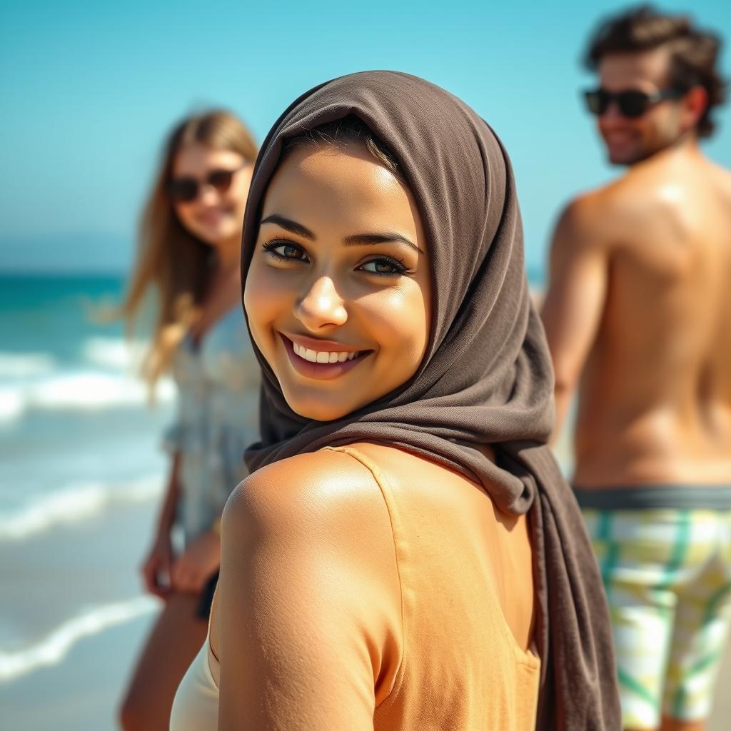 A beautiful woman wearing a hijab with a sweet smile and sharp, captivating eyes, standing at a beach, with her back to the viewer