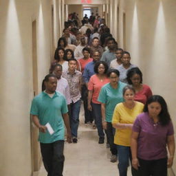 Craft an image of a hallway bustling with activity. People from diverse backgrounds are seen mingling, with their shirts of various colors brightening the scene.