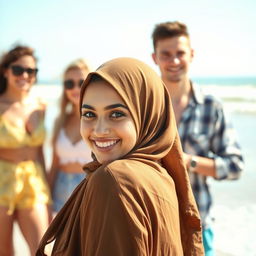 A beautiful woman wearing a hijab with a sweet smile and sharp, captivating eyes, standing at a beach, with her back to the viewer