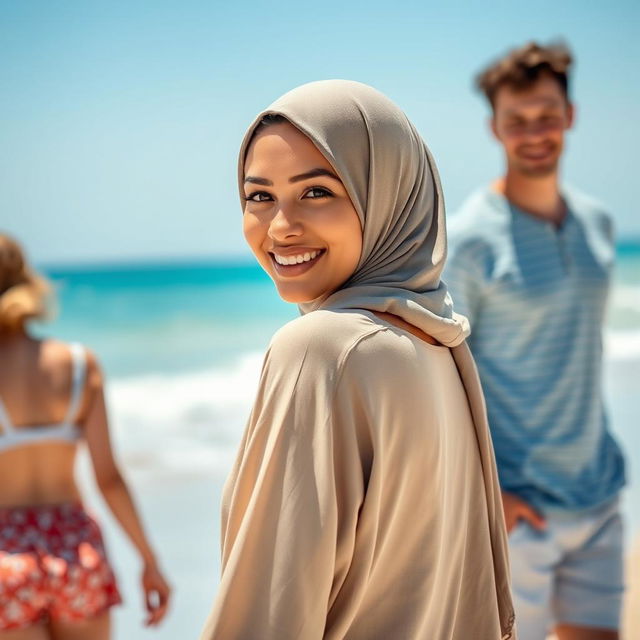 A beautiful woman wearing a hijab with a sweet smile and sharp, captivating eyes, standing at a beach, with her back to the viewer