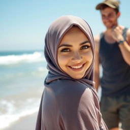 A beautiful woman wearing a hijab with a sweet smile and sharp, captivating eyes, standing at a beach, with her back to the viewer