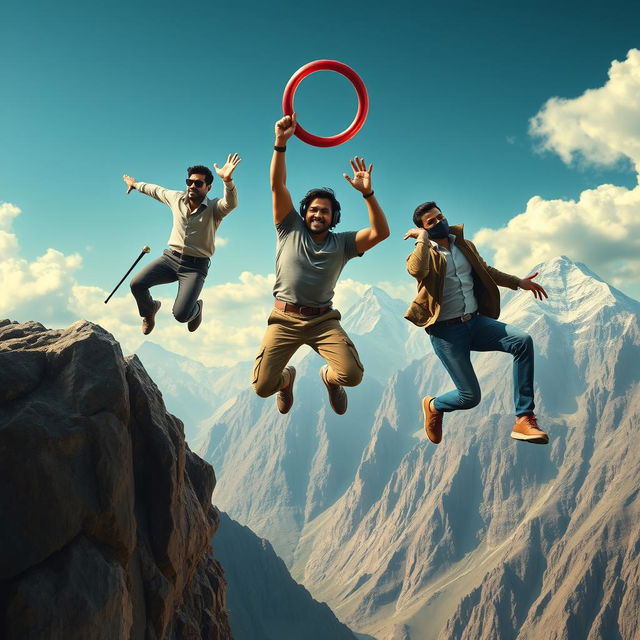 A cinematic movie poster featuring three distinct 27-year-old Indian men leaping off a massive mountain