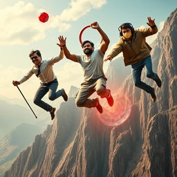 A cinematic movie poster featuring three distinct 27-year-old Indian men leaping off a massive mountain