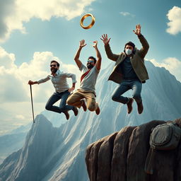 A cinematic movie poster featuring three distinct 27-year-old Indian men leaping off a massive mountain