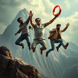 A cinematic movie poster featuring three distinct 27-year-old Indian men leaping off a massive mountain