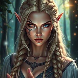 A stunning elven woman portrayed with enchanting red and blue eyes, braided blonde hair cascading elegantly down her shoulders, and a distinctive scar running alluringly over one eye