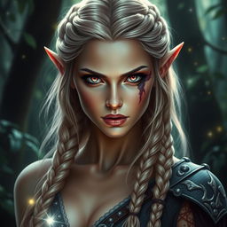 A stunning elven woman portrayed with enchanting red and blue eyes, braided blonde hair cascading elegantly down her shoulders, and a distinctive scar running alluringly over one eye