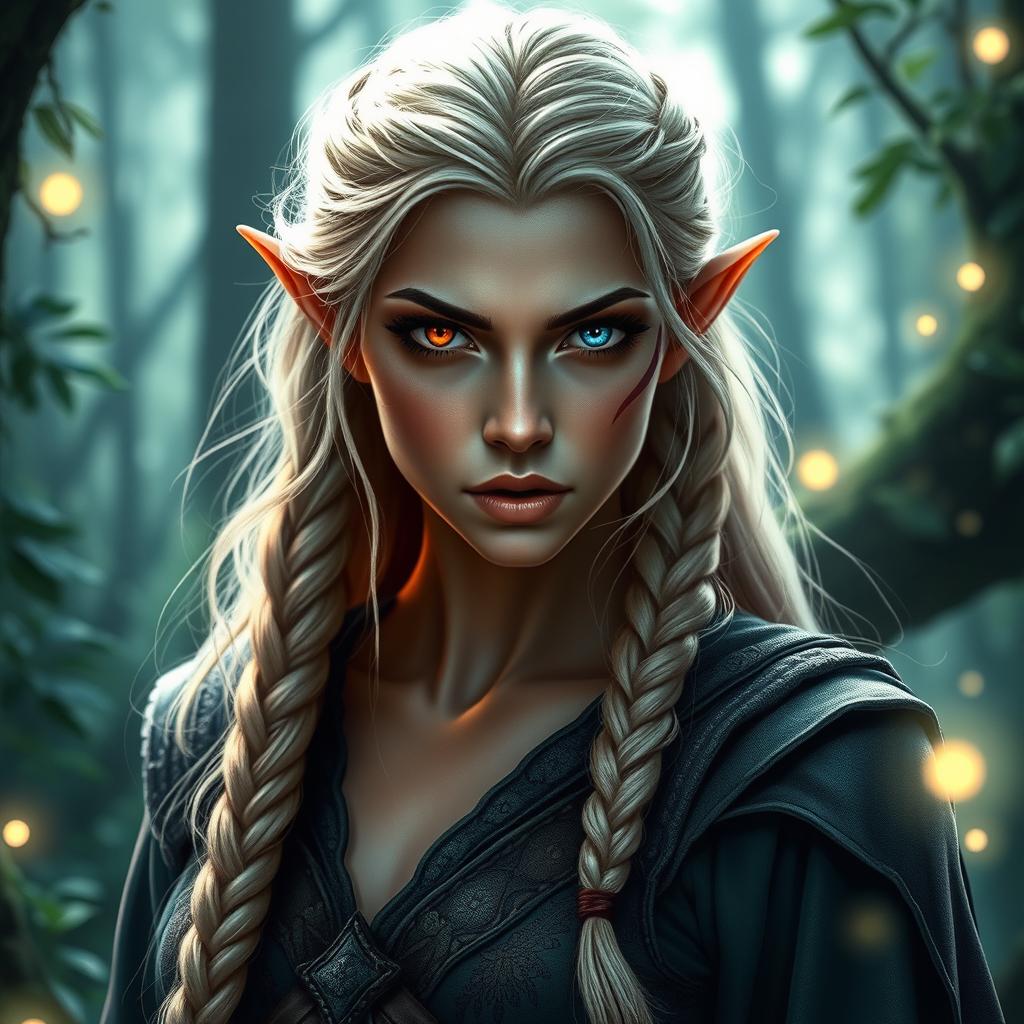 A stunning elven woman portrayed with enchanting red and blue eyes, braided blonde hair cascading elegantly down her shoulders, and a distinctive scar running alluringly over one eye