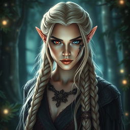 A stunning elven woman portrayed with enchanting red and blue eyes, braided blonde hair cascading elegantly down her shoulders, and a distinctive scar running alluringly over one eye