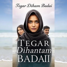 A beautiful woman wearing a hijab with sharp, captivating eyes as the central figure of a book cover