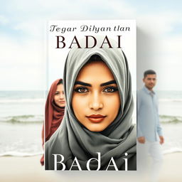 A beautiful woman wearing a hijab with sharp, captivating eyes as the central figure of a book cover