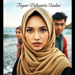 A beautiful woman wearing a hijab with sharp, captivating eyes as the central figure of a book cover