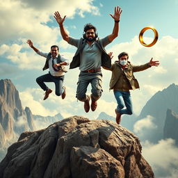 A cinematic film poster featuring three distinct 27-year-old Indian men leaping off a massive, rugged mountain with expressions of excitement and determination