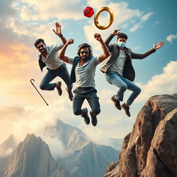 A cinematic film poster featuring three distinct 27-year-old Indian men leaping off a massive, rugged mountain with expressions of excitement and determination