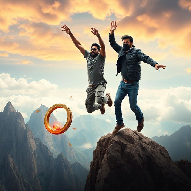 A cinematic film poster featuring three distinct 27-year-old Indian men leaping off a massive, rugged mountain with expressions of excitement and determination