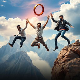 A cinematic film poster featuring three distinct 27-year-old Indian men leaping off a massive, rugged mountain with expressions of excitement and determination