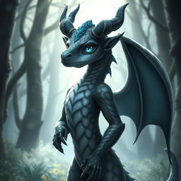 A striking dragon girl with a unique appearance, featuring scales in shades of grey and black