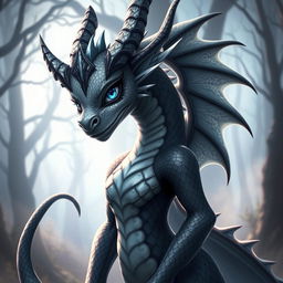 A striking dragon girl with a unique appearance, featuring scales in shades of grey and black