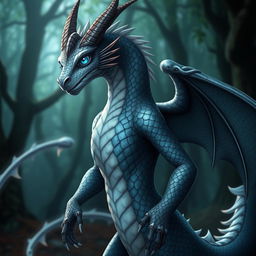 A striking dragon girl with a unique appearance, featuring scales in shades of grey and black