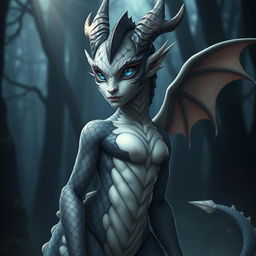 A striking dragon girl with a unique appearance, featuring scales in shades of grey and black