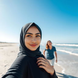 A beautiful woman wearing a hijab with sharp, captivating eyes standing gracefully at the forefront of the image