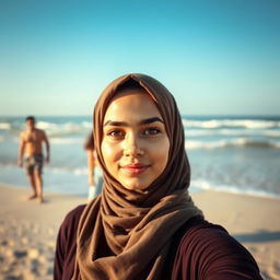 A beautiful woman wearing a hijab with sharp, captivating eyes standing gracefully at the forefront of the image